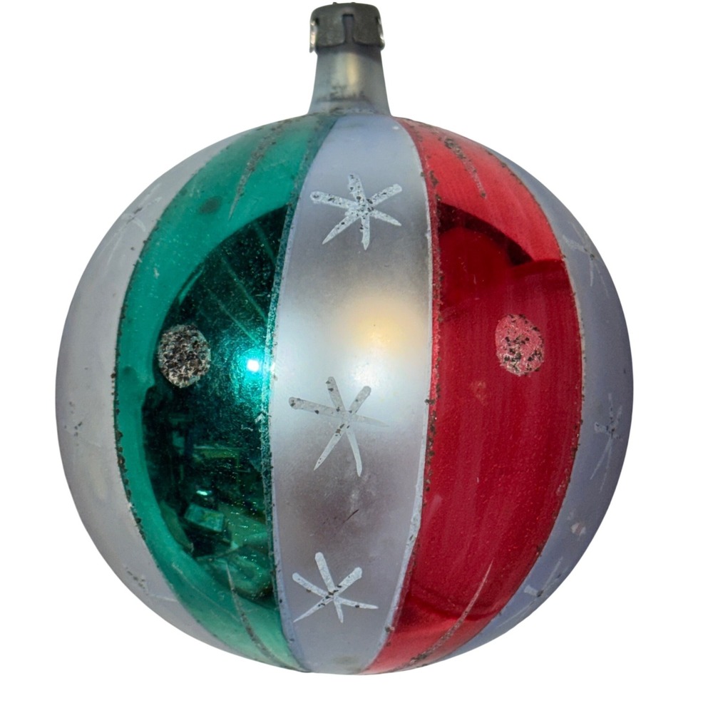 Vintage JUMBO Poland striped w/ mica stars dots Glass CHRISTMAS ORNAMENT